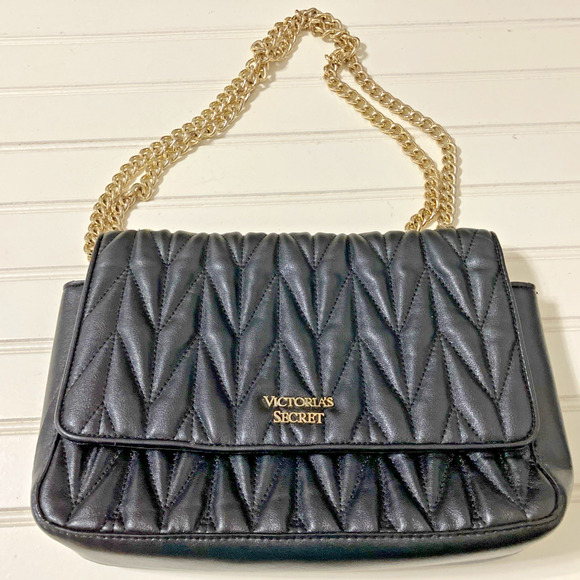 Victoria's Secret Handbags - Victoria’s Secret Chevron Quilted Shoulder Bag  Black w Gold Toned Chain Logo
